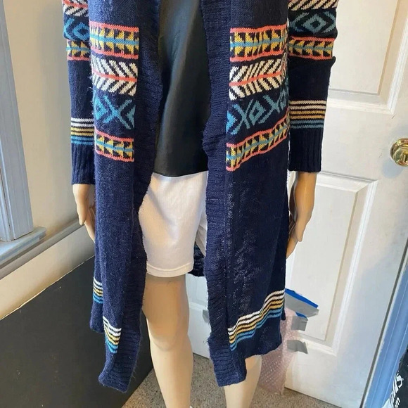 Eyeshadow Hoodie Cardigan Sweater OpenFront Womens S Navy Aztec Long Grunge Knit - Picture 8 of 9